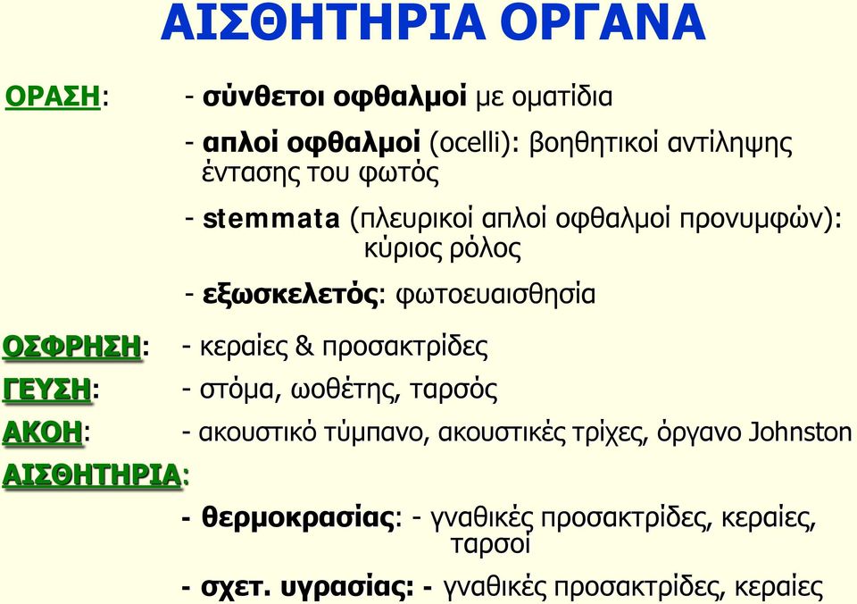 ΓΕΥΣΗ: ΑΚΟΗ: ΑΙΣΘΗΤΗΡΙΑ: - κεραίες & προσακτρίδες - στόμα, ωοθέτης, ταρσός - ακουστικό τύμπανο, ακουστικές τρίχες,