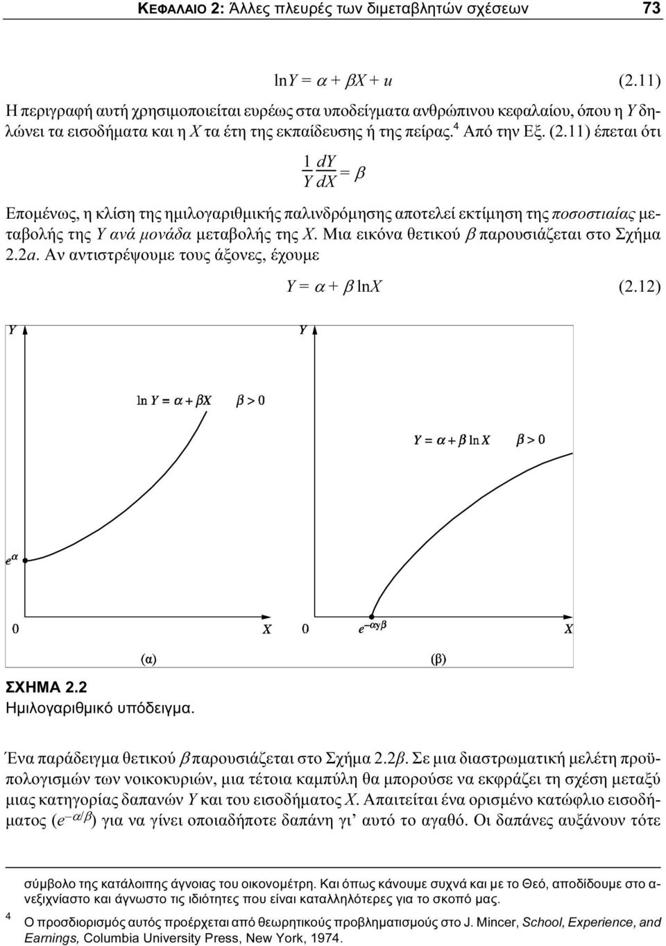 11) έπεται ότι 1 dy Y dx = β Επομένως, η κλίση της ημιλογαριθμικής παλινδρόμησης αποτελεί εκτίμηση της ποσοστιαίας μεταβολής της Y ανά μονάδα μεταβολής της X.