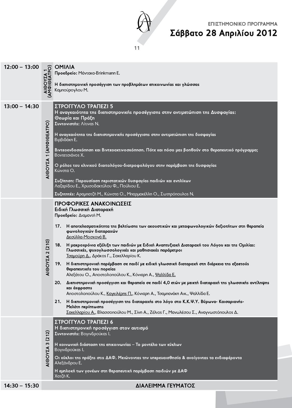 13:00 14:30 ΑΙΘΟΥΣΑ 1 (ΑΜΦΙΘΕΑΤΡΟ) Στρογγυλό Τραπέζι 5 Η αναγκαιότητα της διεπιστημονικής προσέγγισης στην αντιμετώπιση της Δυσφαγίας: Θεωρία και Πράξη Συντονιστής: Λίτινας Ν.