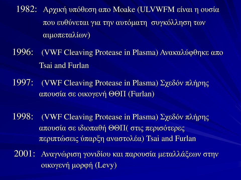 απουσία σε οικογενή ΘΘΠ (Furlan) 1998: (VWF Cleaving Protease in Plasma) Σχεδόν πλήρης απουσία σε ιδιοπαθή ΘΘΠ( στις