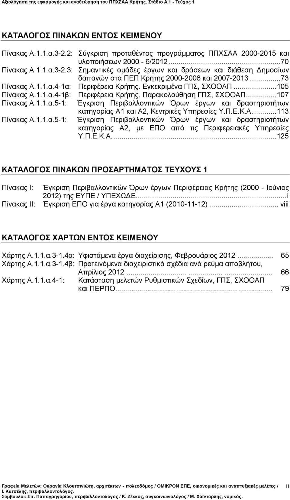 Π.Ε.Κ.Α.... 113 Πίνακας Α.1.1.α.5-1: Έγκριση Περιβαλλοντικών Όρων έργων και δραστηριοτήτων κατηγορίας Α2, με ΕΠΟ από τις Περιφερειακές Υπηρεσίες Υ.Π.Ε.Κ.Α.... 125 ΚΑΤΑΛΟΓΟΣ ΠΙΝΑΚΩΝ ΠΡΟΣΑΡΤΗΜΑΤΟΣ ΤΕΥΧΟΥΣ 1 Πίνακας I: Πίνακας ΙΙ: Έγκριση Περιβαλλοντικών Όρων έργων Περιφέρειας Κρήτης (2000 - Ιούνιος 2012) της ΕΥΠΕ / ΥΠΕΧΩΔΕ.