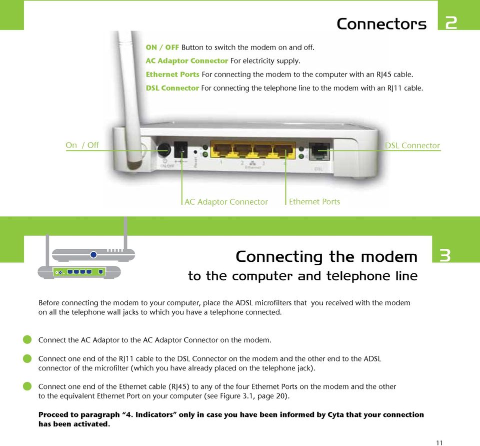 On / Off DSL Connector AC Adaptor Connector Ethernet Ports Connecting the modem to the computer and telephone line 3 Before connecting the modem to your computer, place the ADSL microfilters that you