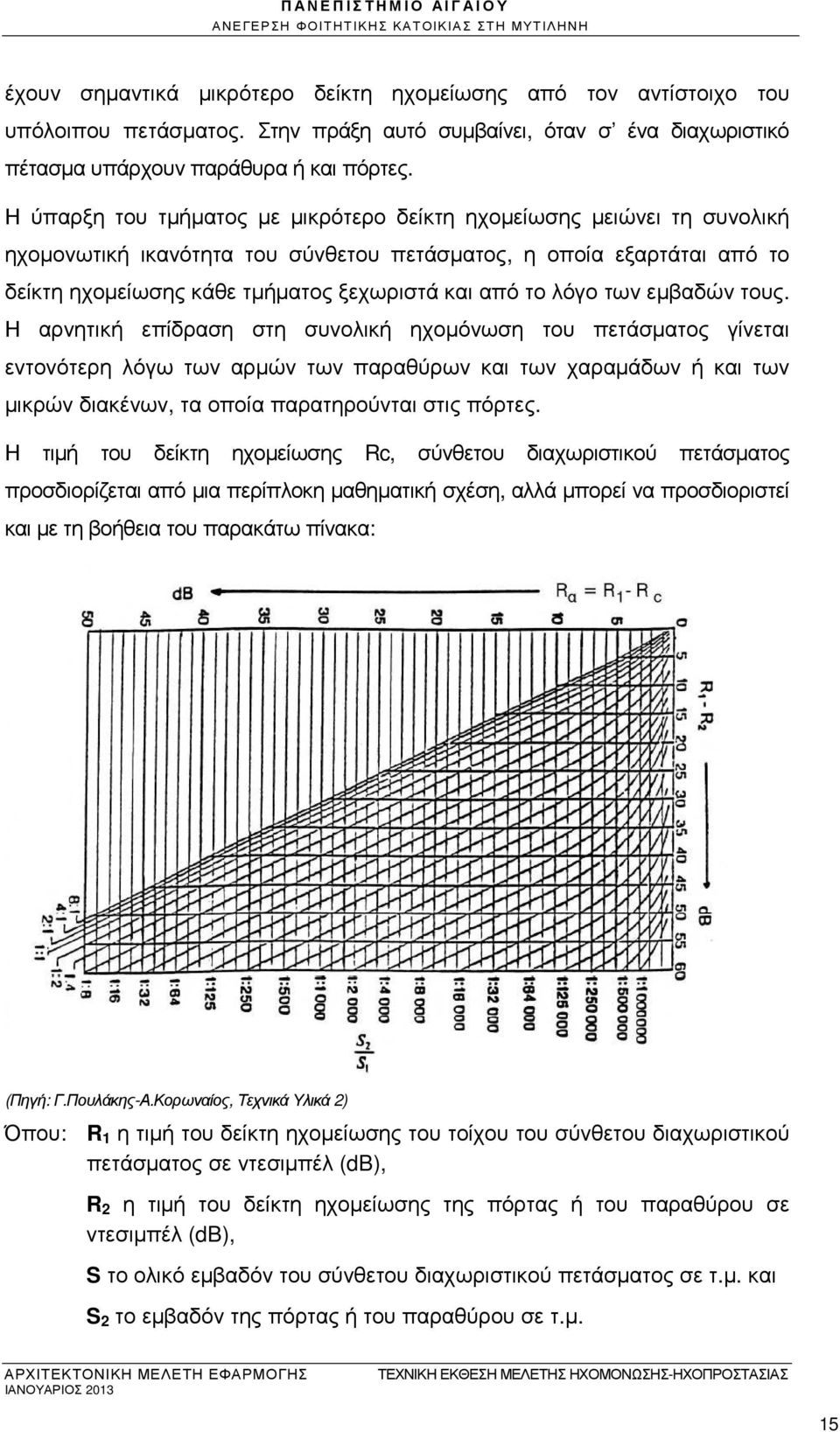 Η ύπαρξη του τµήµατος µε µικρότερο δείκτη ηχοµείωσης µειώνει τη συνολική ηχοµονωτική ικανότητα του σύνθετου πετάσµατος, η οποία εξαρτάται από το δείκτη ηχοµείωσης κάθε τµήµατος ξεχωριστά και από το