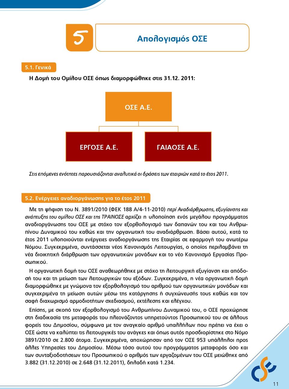 3891/2010 (ΦΕΚ 188 Α/4-11-2010) περί Αναδιάρθρωσης, εξυγίανσης και ανάπτυξης του ομίλου ΟΣΕ και της ΤΡΑΙΝΟΣΕ αρχίζει η υλοποίηση ενός μεγάλου προγράμματος αναδιοργάνωσης του ΟΣΕ με στόχο τον