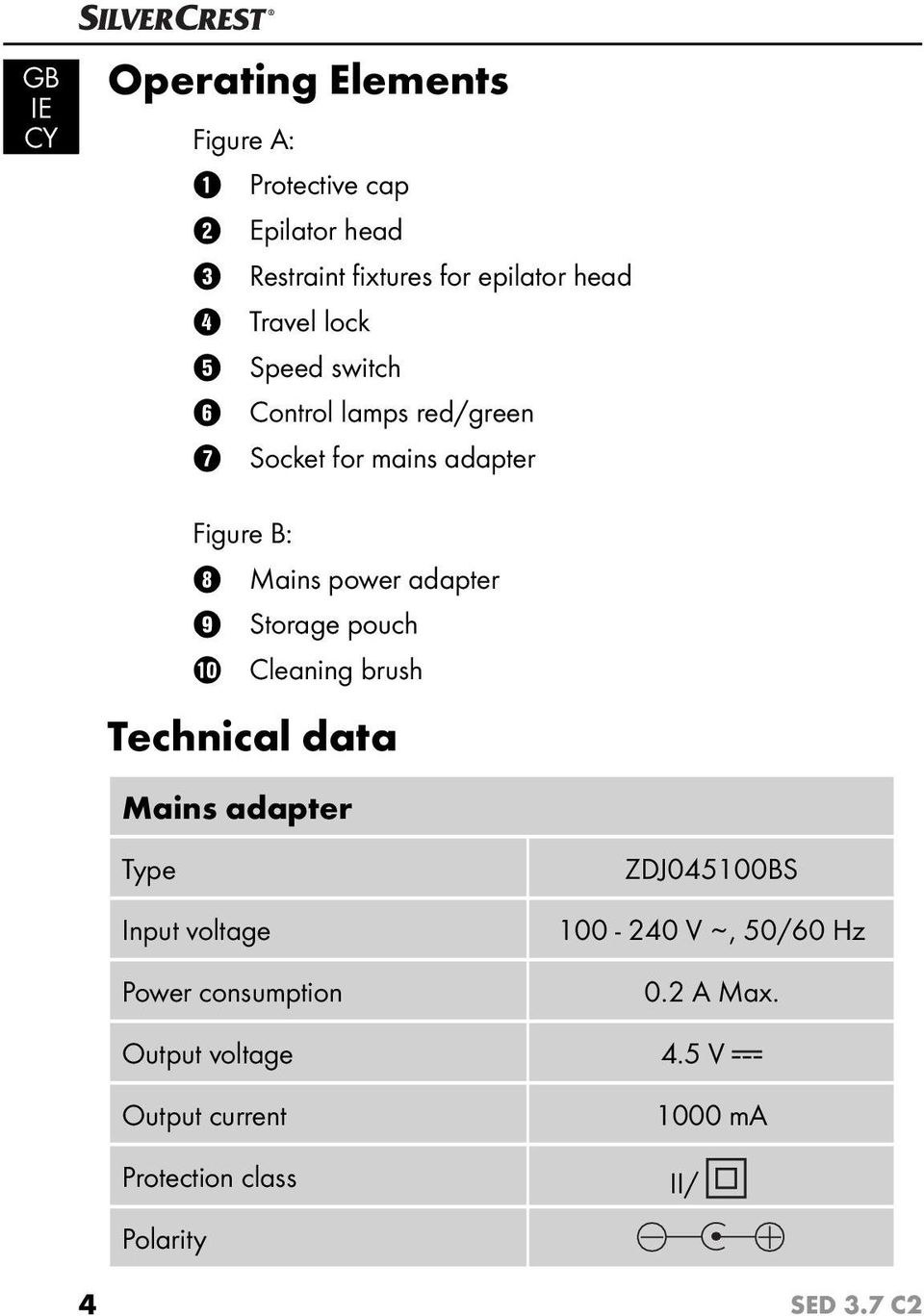 9 Storage pouch 0 Cleaning brush Technical data Mains adapter Type Input voltage Power consumption Output