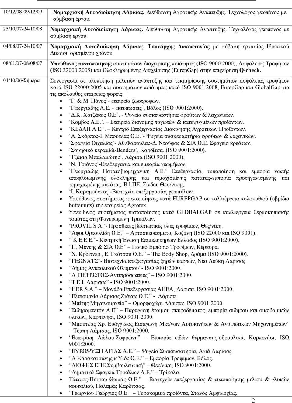 08/01/07-08/08/07 Υπεύθυνος πιστοποίησης συστημάτων διαχείρισης ποιότητας (ISO 9000:2000), Ασφάλειας Τροφίμων (ISO 22000:2005) και Ολοκληρωμένης Διαχείρισης (EurepGap) στην επιχείρηση Q-check.