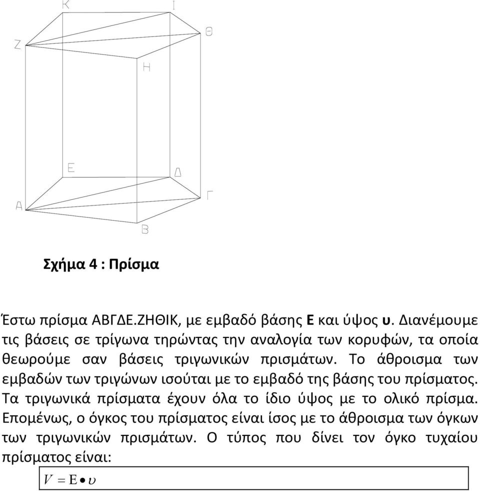 Το άθροισμα των εμβαδών των τριγώνων ισούται με το εμβαδό της βάσης του πρίσματος.