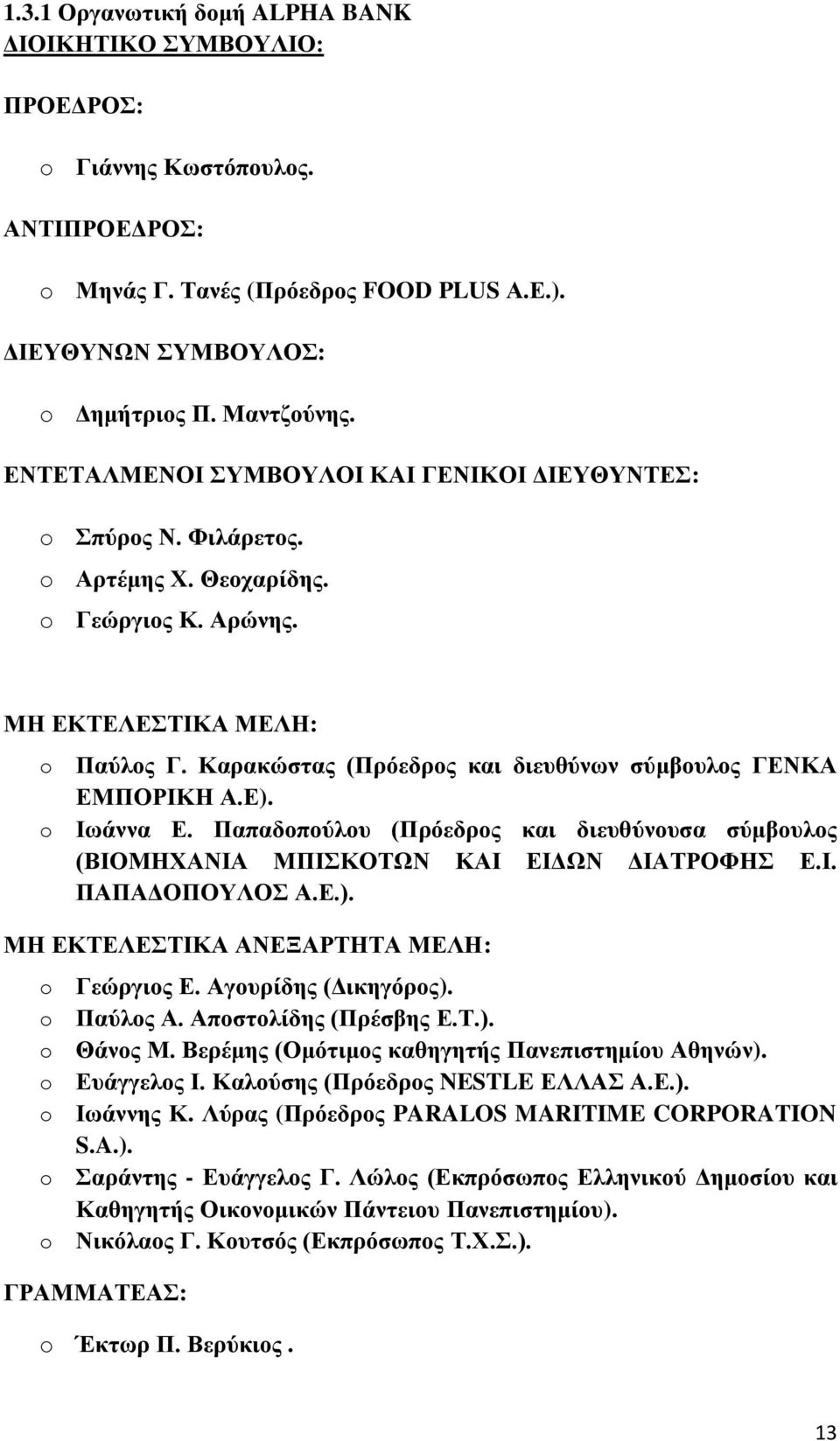 Καρακώστας (Πρόεδρος και διευθύνων σύμβουλος ΓΕΝΚΑ ΕΜΠΟΡΙΚΗ Α.Ε). o Ιωάννα Ε. Παπαδοπούλου (Πρόεδρος και διευθύνουσα σύμβουλος (ΒΙΟΜΗΧΑΝΙΑ ΜΠΙΣΚΟΤΩΝ ΚΑΙ ΕΙΔΩΝ ΔΙΑΤΡΟΦΗΣ Ε.Ι. ΠΑΠΑΔΟΠΟΥΛΟΣ Α.Ε.). ΜΗ ΕΚΤΕΛΕΣΤΙΚΑ ΑΝΕΞΑΡΤΗΤΑ ΜΕΛΗ: o Γεώργιος Ε.