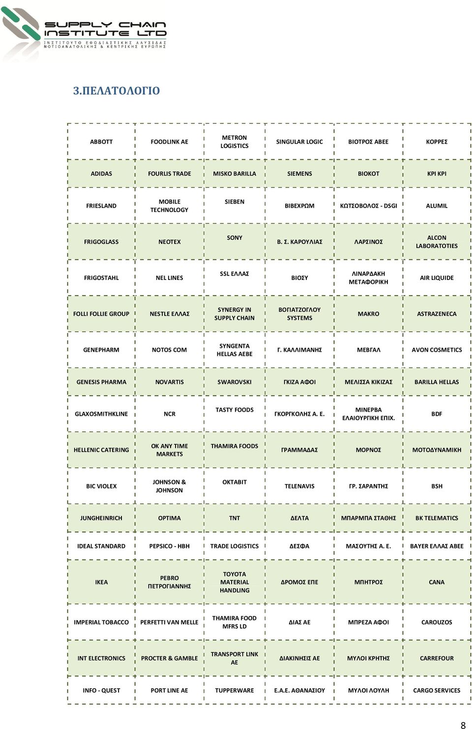 ΚΑΡΟΥΛΙΑΣ ΛΑΡΣΙΝΟΣ ALCON LABORATOTIES FRIGOSTAHL NEL LINES SSL ΕΛΛΑΣ ΒΙΟΣΥ ΛΙΝΑΡΔΑΚΗ ΜΕΤΑΦΟΡΙΚΗ AIR LIQUIDE FOLLI FOLLIE GROUP NESTLE ΕΛΛΑΣ SYNERGY IN SUPPLY CHAIN ΒΟΓΙΑΤΖΟΓΛΟΥ SYSTEMS MAKRO