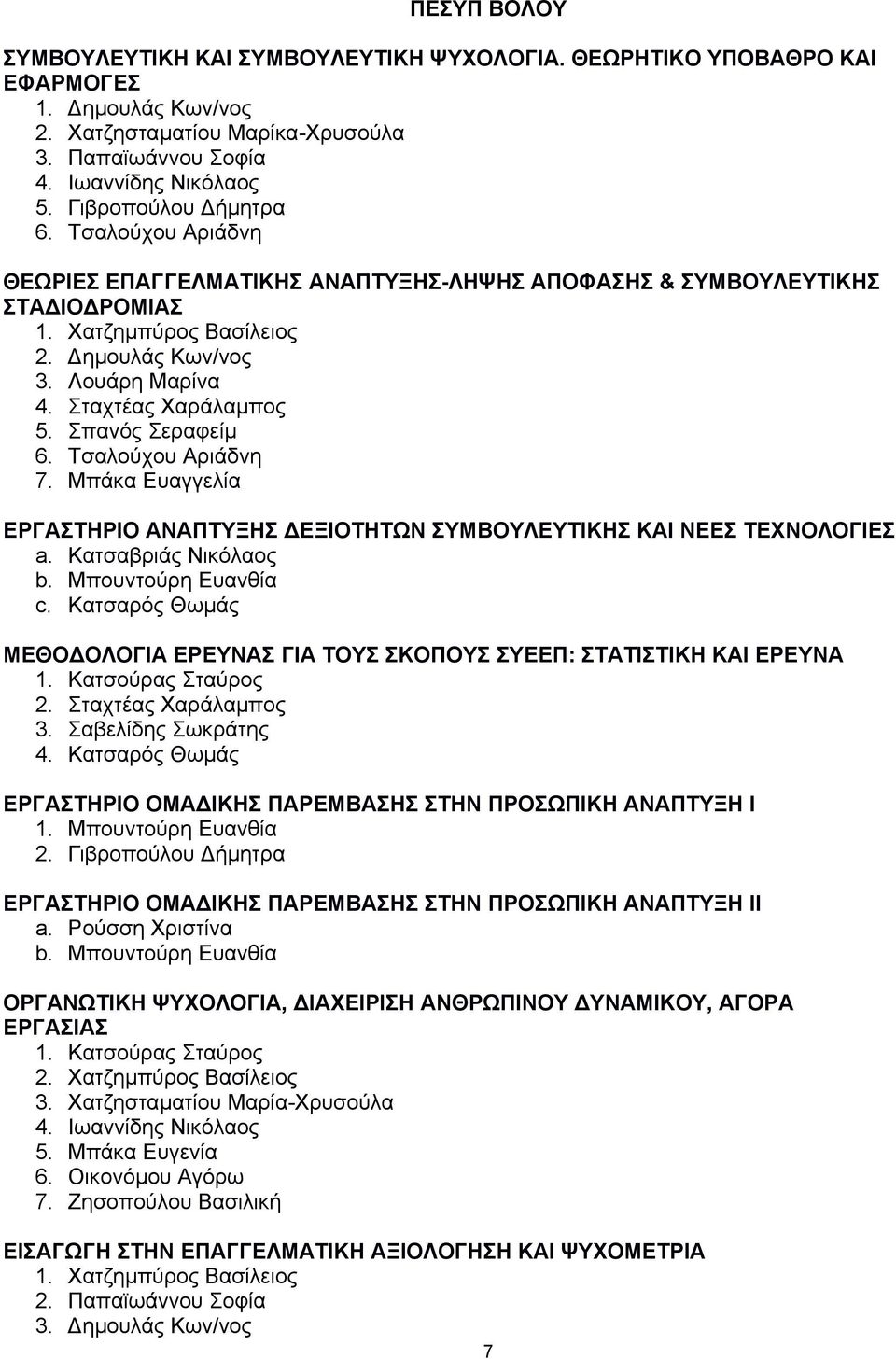 Σταχτέας Χαράλαµπος 5. Σπανός Σεραφείµ 6. Τσαλούχου Αριάδνη 7. Μπάκα Ευαγγελία ΕΡΓΑΣΤΗΡΙΟ ΑΝΑΠΤΥΞΗΣ ΔΕΞΙΟΤΗΤΩΝ ΣΥΜΒΟΥΛΕΥΤΙΚΗΣ ΚΑΙ ΝΕΕΣ ΤΕΧΝΟΛΟΓΙΕΣ a. Κατσαβριάς Νικόλαος b. Μπουντούρη Ευανθία c.