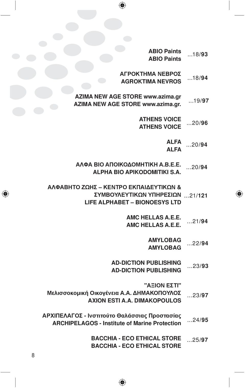 ..21/121 AMC HELLAS A.E.E. AMC HELLAS A.E.E....21/94 AMYLOBAG AMYLOBAG...22/94 AD-DICTION PUBLISHING AD-DICTION PUBLISHING...23/93 "ΑΞΙΟΝ ΕΣΤΙ" Μελισσοκομική Οικογένεια Α.Α. ΔΗΜΑΚΟΠΟΥΛΟΣ AXION ESTI A.