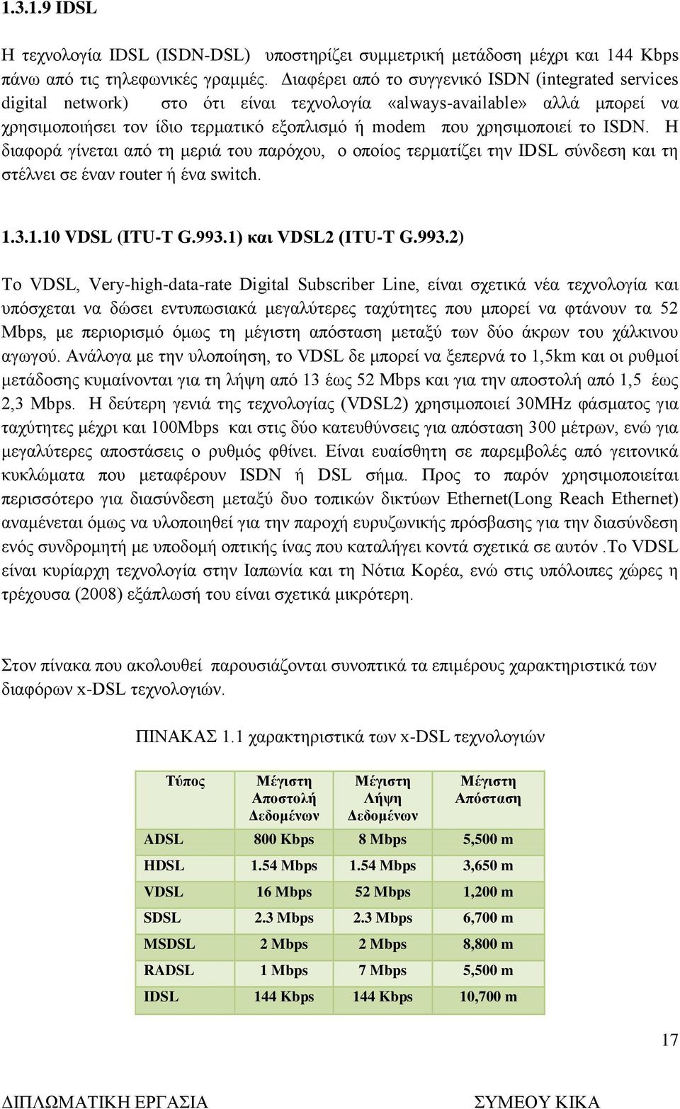 ISDN. Η διαφορά γίνεται από τη μεριά του παρόχου, ο οποίος τερματίζει την IDSL σύνδεση και τη στέλνει σε έναν router ή ένα switch. 1.3.1.10 VDSL (ITU-T G.993.