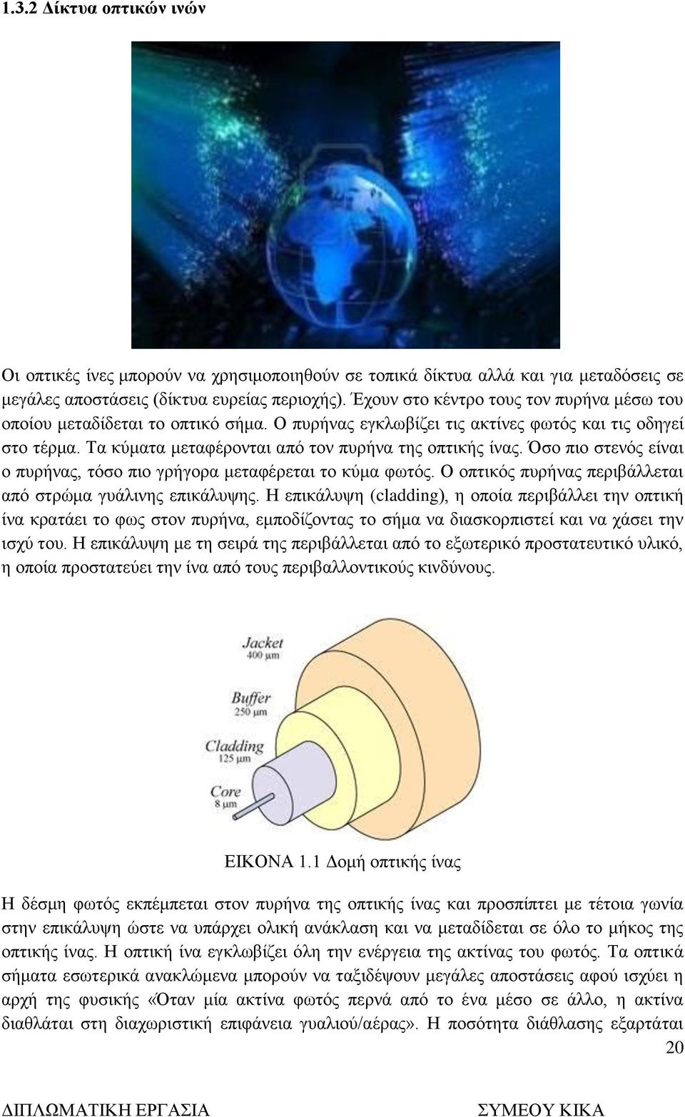 Όσο πιο στενός είναι ο πυρήνας, τόσο πιο γρήγορα μεταφέρεται το κύμα φωτός. Ο οπτικός πυρήνας περιβάλλεται από στρώμα γυάλινης επικάλυψης.