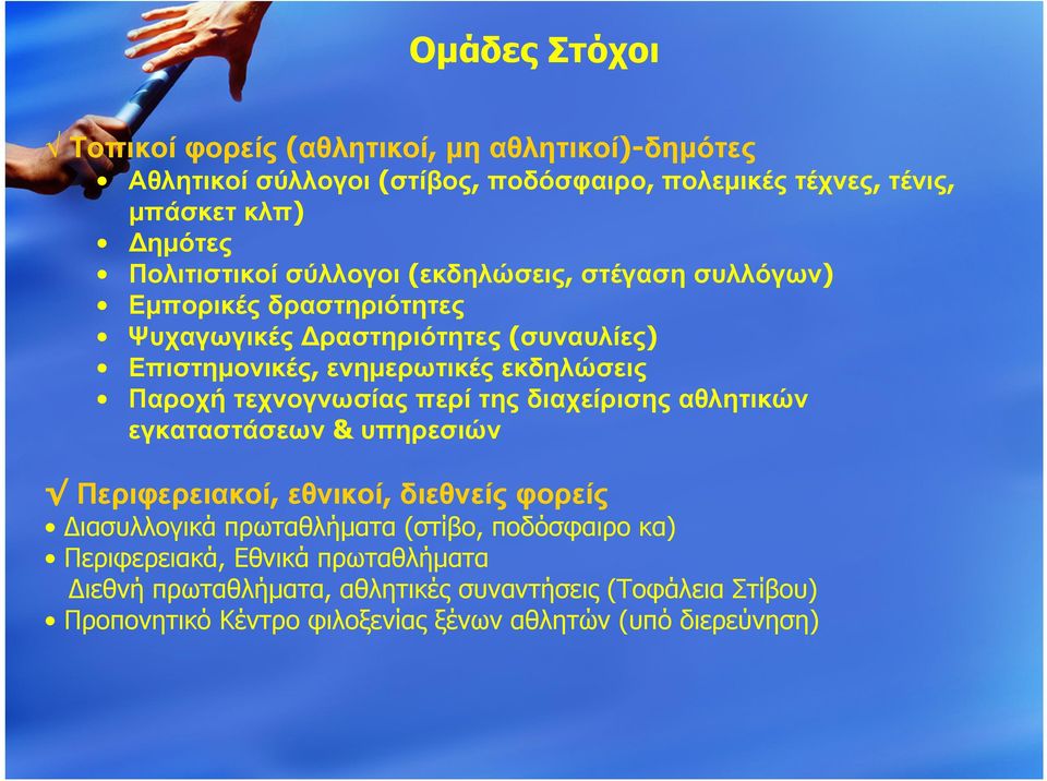 Παροχή τεχνογνωσίας περί της διαχείρισης αθλητικών εγκαταστάσεων & υπηρεσιών Περιφερειακοί, εθνικοί, διεθνείς φορείς Διασυλλογικά πρωταθλήματα (στίβο,