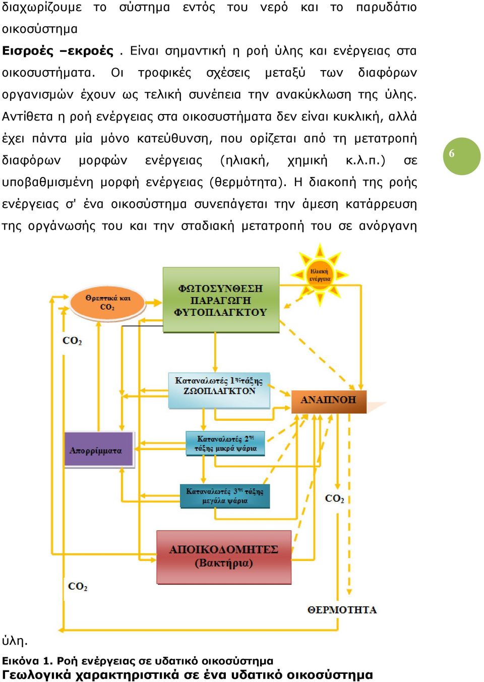 Αντίθετα η ροή ενέργειας στα οικοσυστήματα δεν είναι κυκλική, αλλά έχει πάντα μία μόνο κατεύθυνση, που ορίζεται από τη μετατροπή διαφόρων μορφών ενέργειας (ηλιακή, χημική κ.λ.π.) σε υποβαθμισμένη μορφή ενέργειας (θερμότητα).