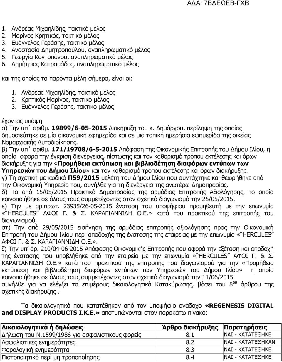 Κρητικός Μαρίνος, τακτικό μέλος 3. Ευάγγελος Γεράσης, τακτικό μέλος έχοντας υπόψη α) Την υπ αριθμ. 19899/6-05-2015 Διακήρυξη του κ.