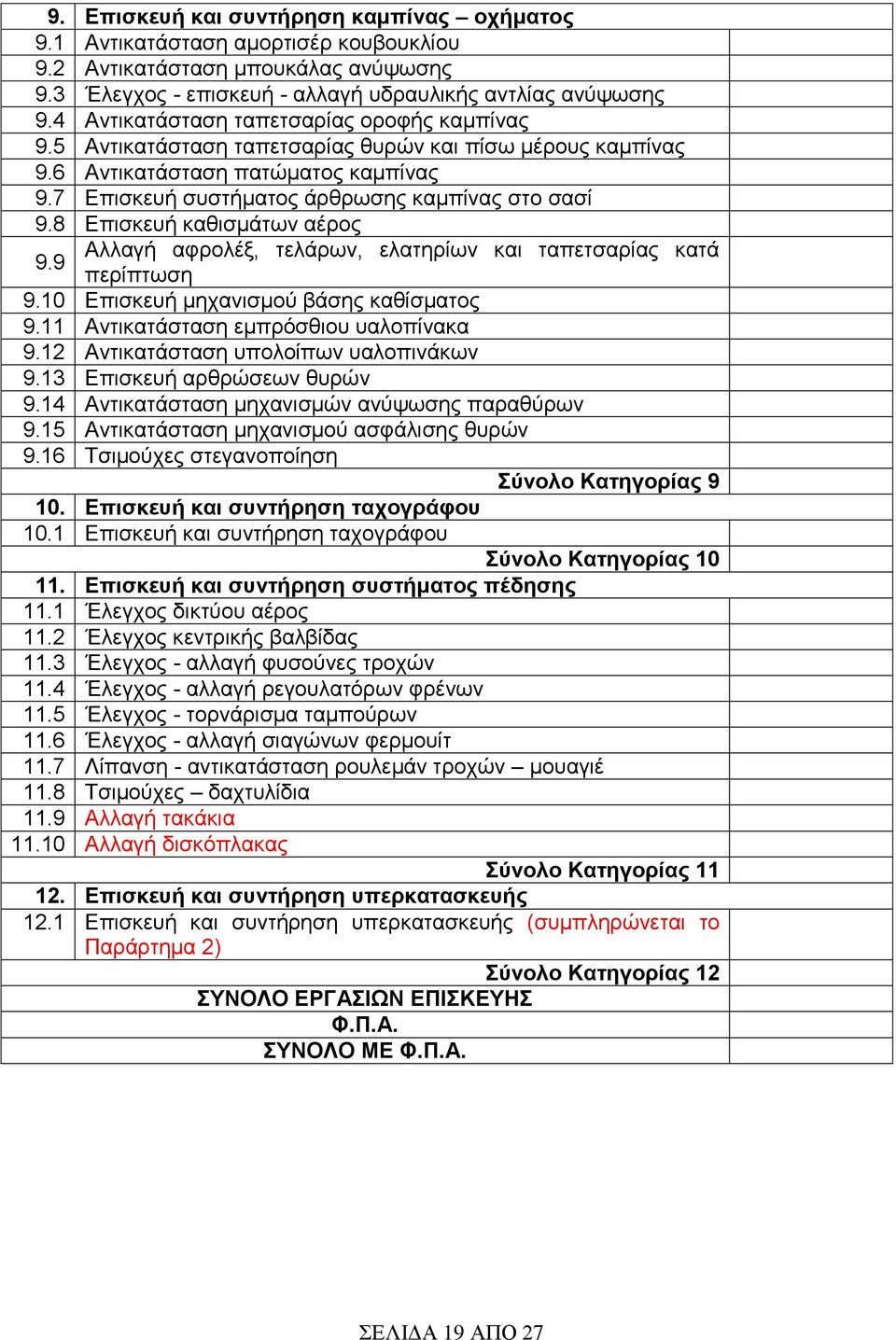 8 Επισκευή καθισμάτων αέρος 9.9 Αλλαγή αφρολέξ, τελάρων, ελατηρίων και ταπετσαρίας κατά περίπτωση 9.10 Επισκευή μηχανισμού βάσης καθίσματος 9.11 Αντικατάσταση εμπρόσθιου υαλοπίνακα 9.