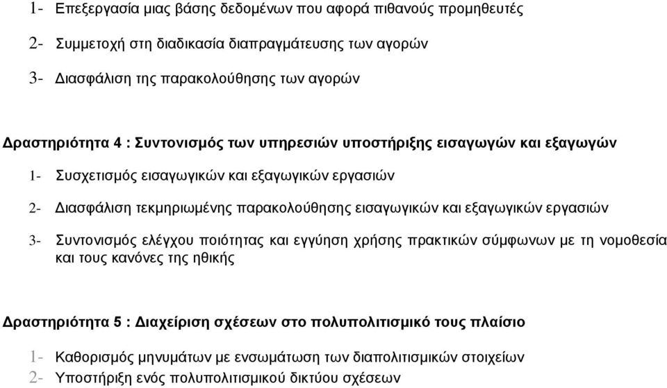 παρακολούθησης εισαγωγικών και εξαγωγικών εργασιών 3- Συντονισμός ελέγχου ποιότητας και εγγύηση χρήσης πρακτικών σύμφωνων με τη νομοθεσία και τους κανόνες της ηθικής