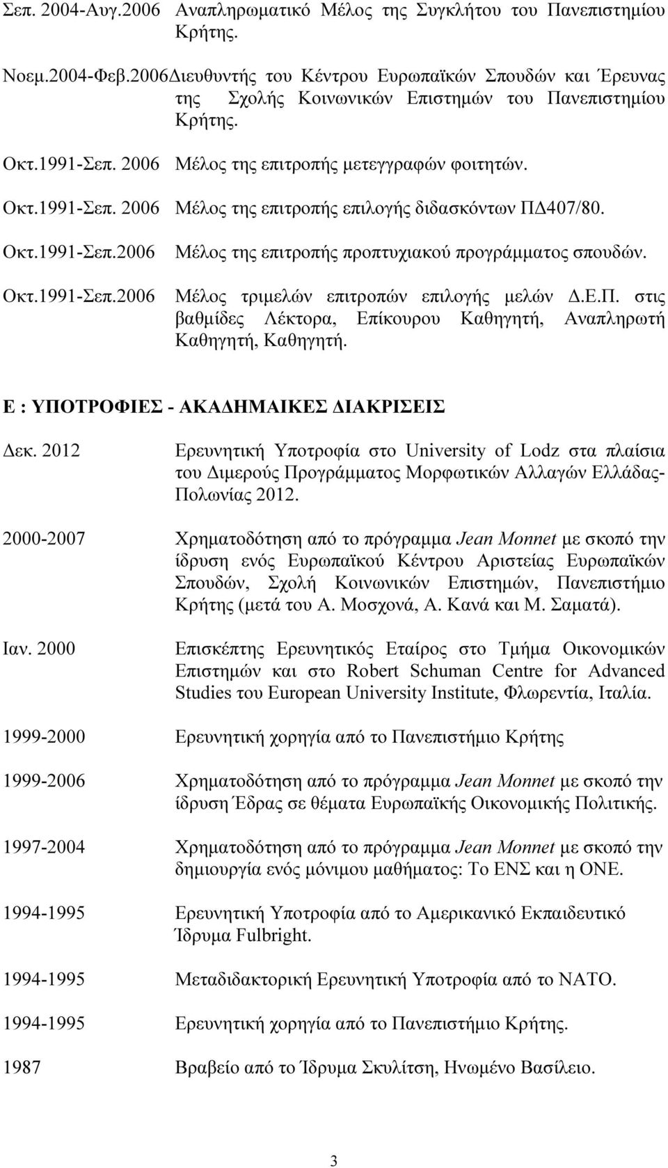 Οκτ.1991-Σεπ.2006 Οκτ.1991-Σεπ.2006 Μέλος της επιτροπής προπτυχιακού προγράμματος σπουδών. Μέλος τριμελών επιτροπών επιλογής μελών Δ.Ε.Π.