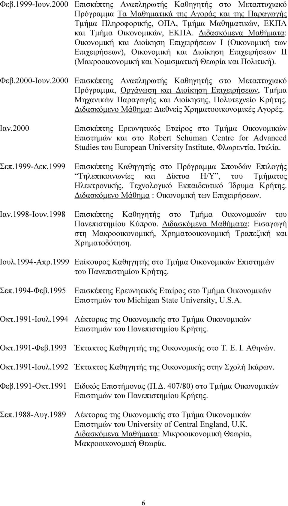 2000-Ιουν.2000 Επισκέπτης Αναπληρωτής Καθηγητής στο Μεταπτυχιακό Πρόγραμμα, Οργάνωση και Διοίκηση Επιχειρήσεων, Τμήμα Μηχανικών Παραγωγής και Διοίκησης, Πολυτεχνείο Κρήτης.