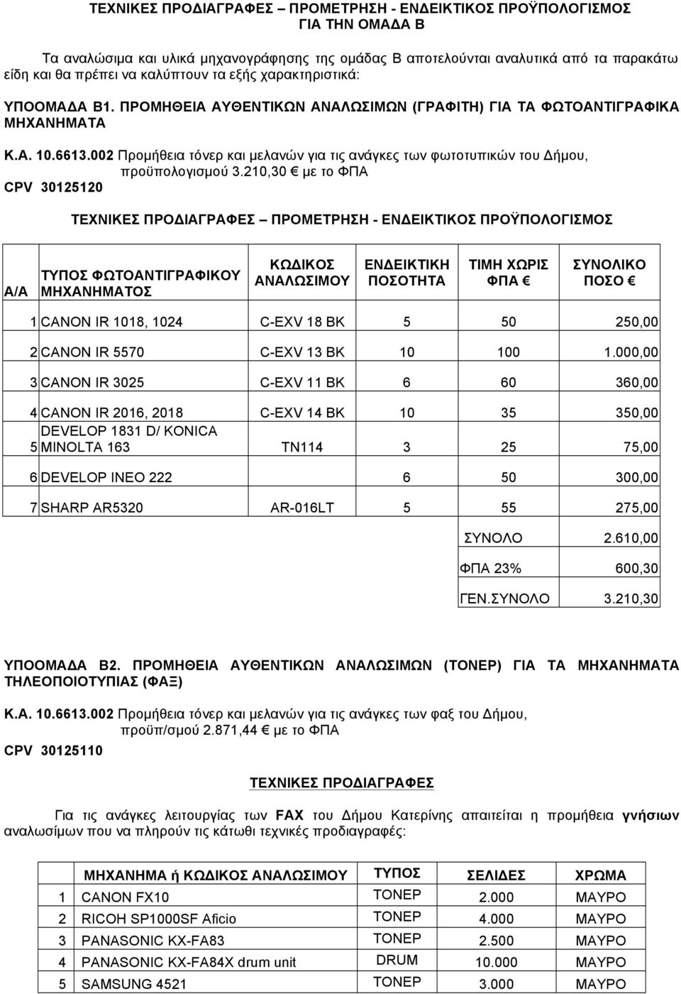 002 Προµήθεια τόνερ και µελανών για τις ανάγκες των φωτοτυπικών του Δήµου, προϋπολογισµού 3.