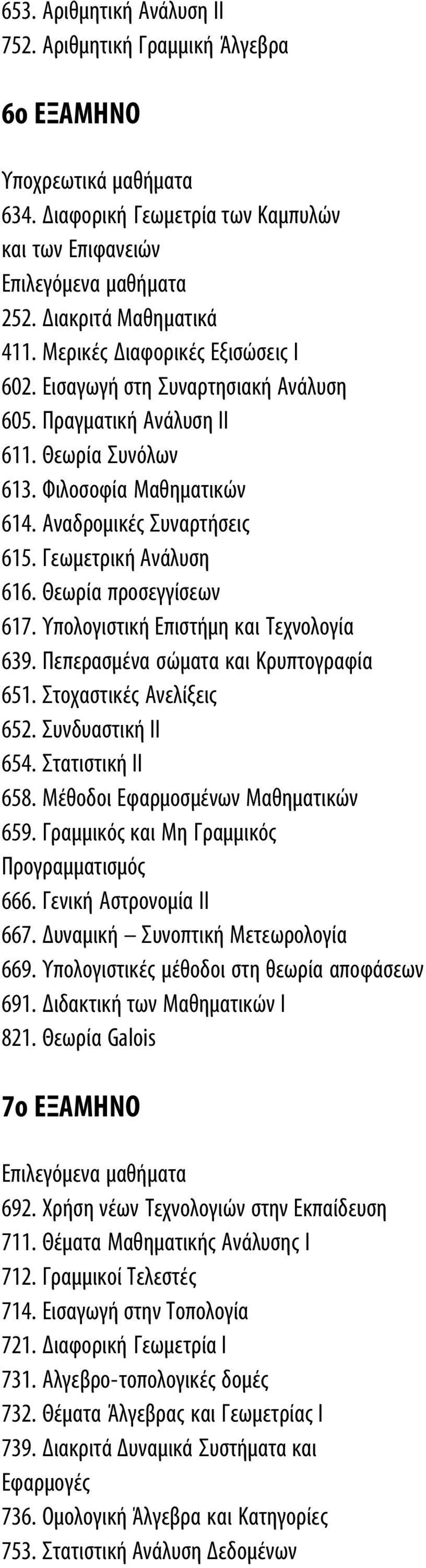 Γεωμετρική Ανάλυση 616. Θεωρία προσεγγίσεων 617. Υπολογιστική Επιστήμη και Τεχνολογία 639. Πεπερασμένα σώματα και Κρυπτογραφία 651. Στοχαστικές Ανελίξεις 652. Συνδυαστική ΙΙ 654. Στατιστική ΙΙ 658.