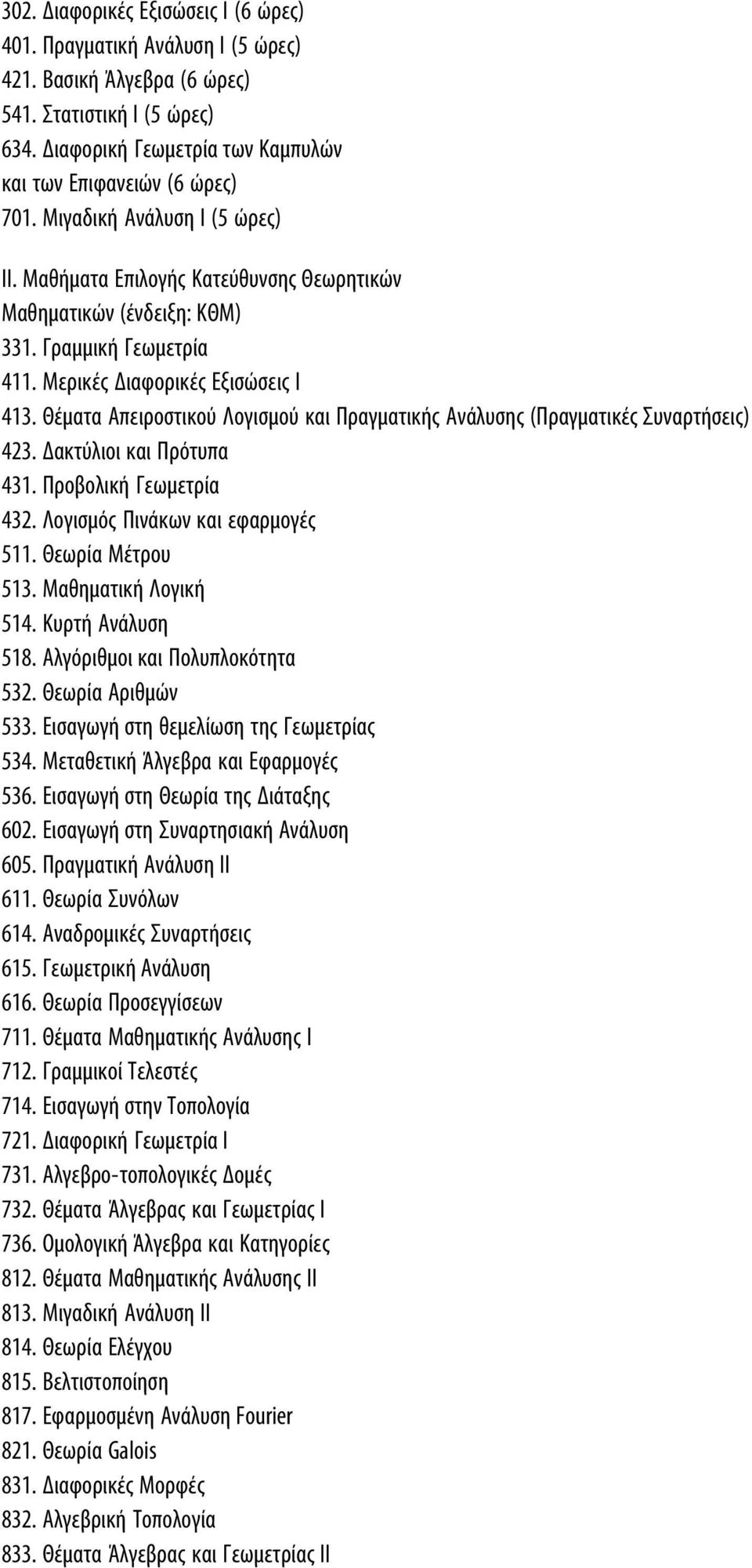 Θέματα Απειροστικού Λογισμού και Πραγματικής Ανάλυσης (Πραγματικές Συναρτήσεις) 423. Δακτύλιοι και Πρότυπα 431. Προβολική Γεωμετρία 432. Λογισμός Πινάκων και εφαρμογές 511. Θεωρία Μέτρου 513.