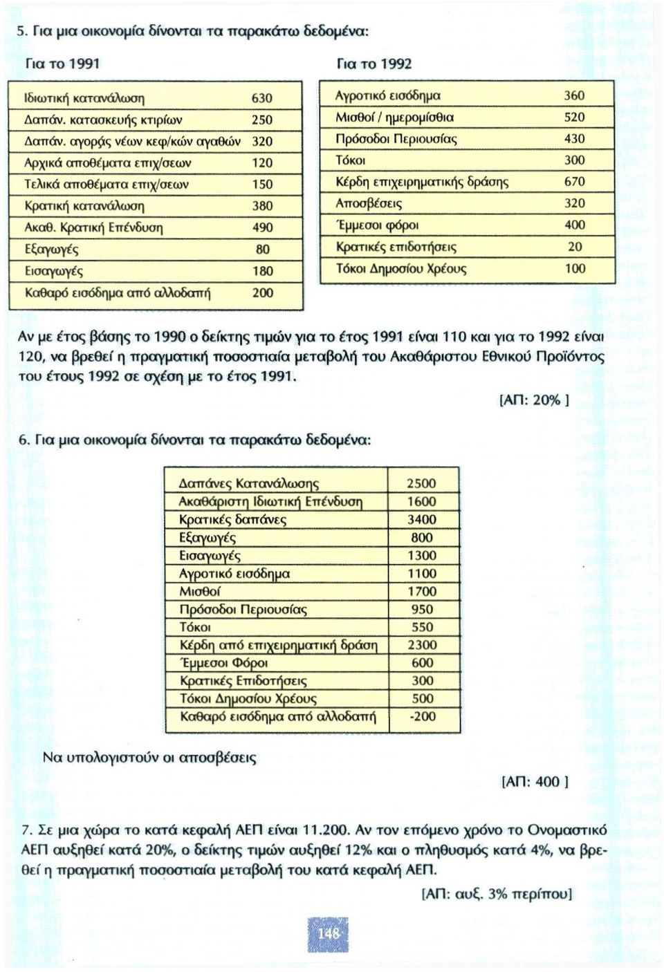 Κρατική Επένδυση 490 Εξαγωγές 80 Εισαγωγές 180 Καθαρό εισόδημα από αλλοδαπή 200 Για το 1992 Αγροτικό εισόδημα 360 Μισθοί / ημερομίσθια 520 Πρόσοδοι Περιουσίας 430 Τόκοι 300 Κέρδη επιχειρηματικής