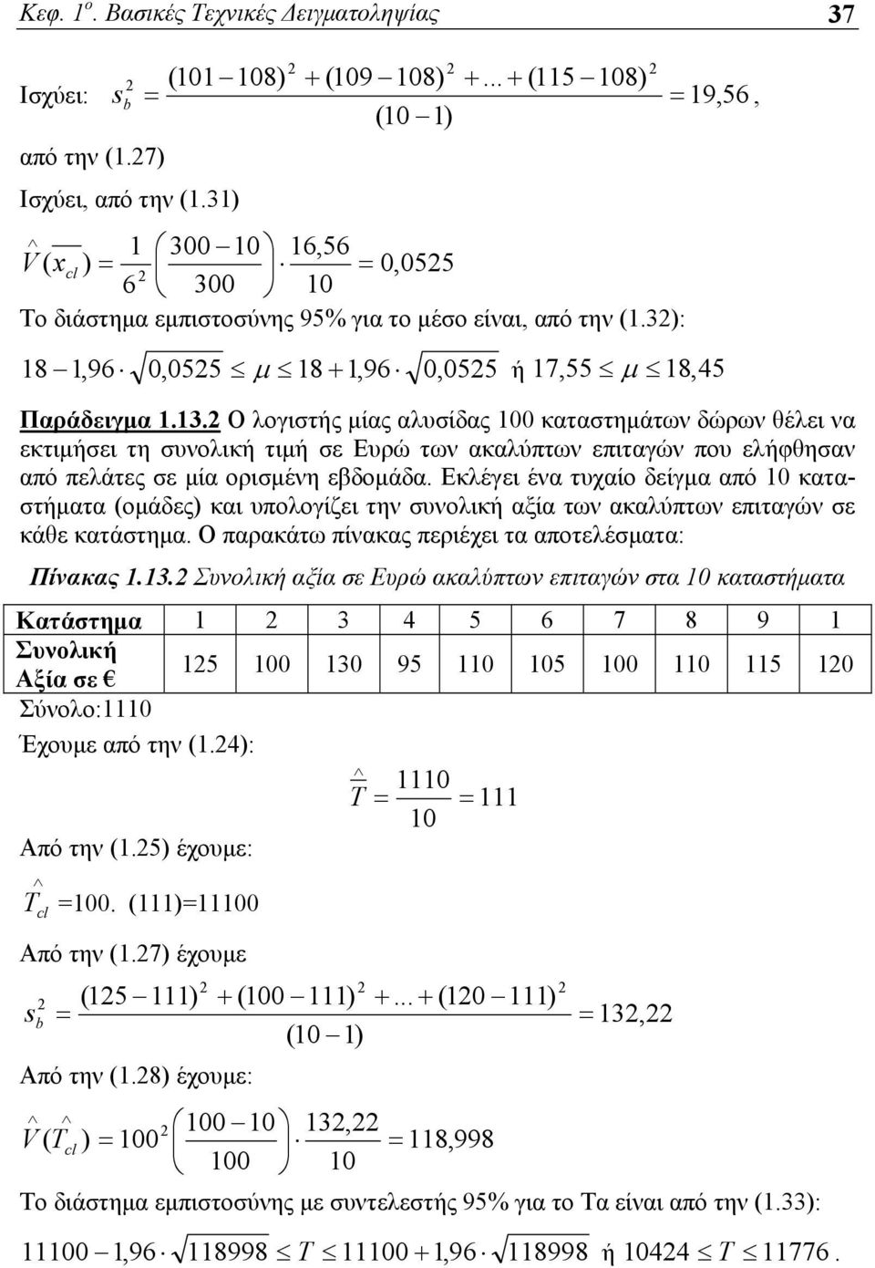 Εκλέγει ένα τυχαίο δείγμα από 0 καταστήματα (ομάδες) και υπολογίζει την συνολική αξία των ακαλύπτων επιταγών σε κάθε κατάστημα. Ο παρακάτω πίνακας περιέχει τα αποτελέσματα: Πίνακας.3.