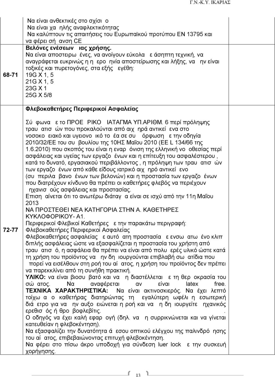 5 23G X 1 25G X 5/8 Φλεβοκαθετήρες Περιφερικοί Ασφαλείας 72-77 Σύμφωνα με το ΠΡΟΕΔΡΙΚΟ ΔΙΑΤΑΓΜΑ ΥΠ.ΑΡΙΘΜ.