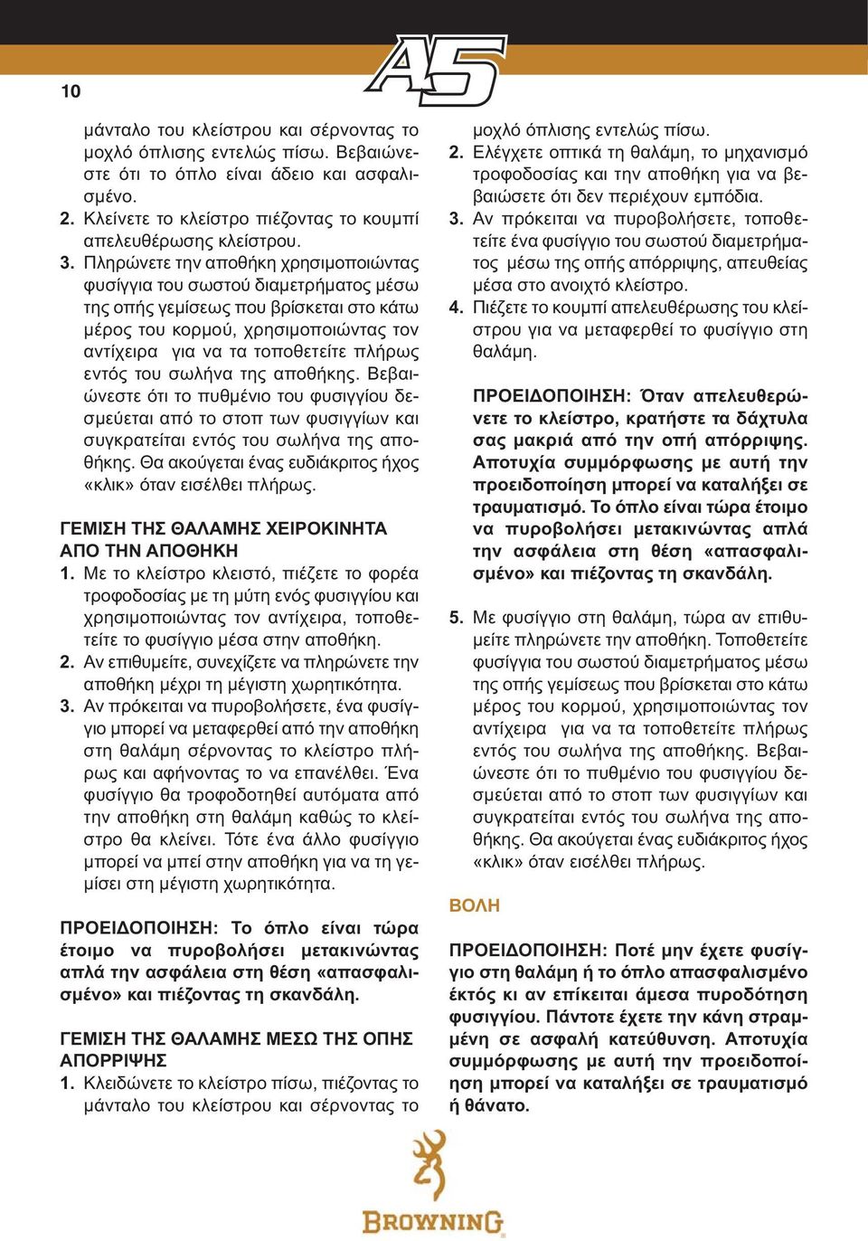 εντός του σωλήνα της αποθήκης. Βεβαιώνεστε ότι το πυθμένιο του φυσιγγίου δεσμεύεται από το στοπ των φυσιγγίων και συγκρατείται εντός του σωλήνα της αποθήκης.