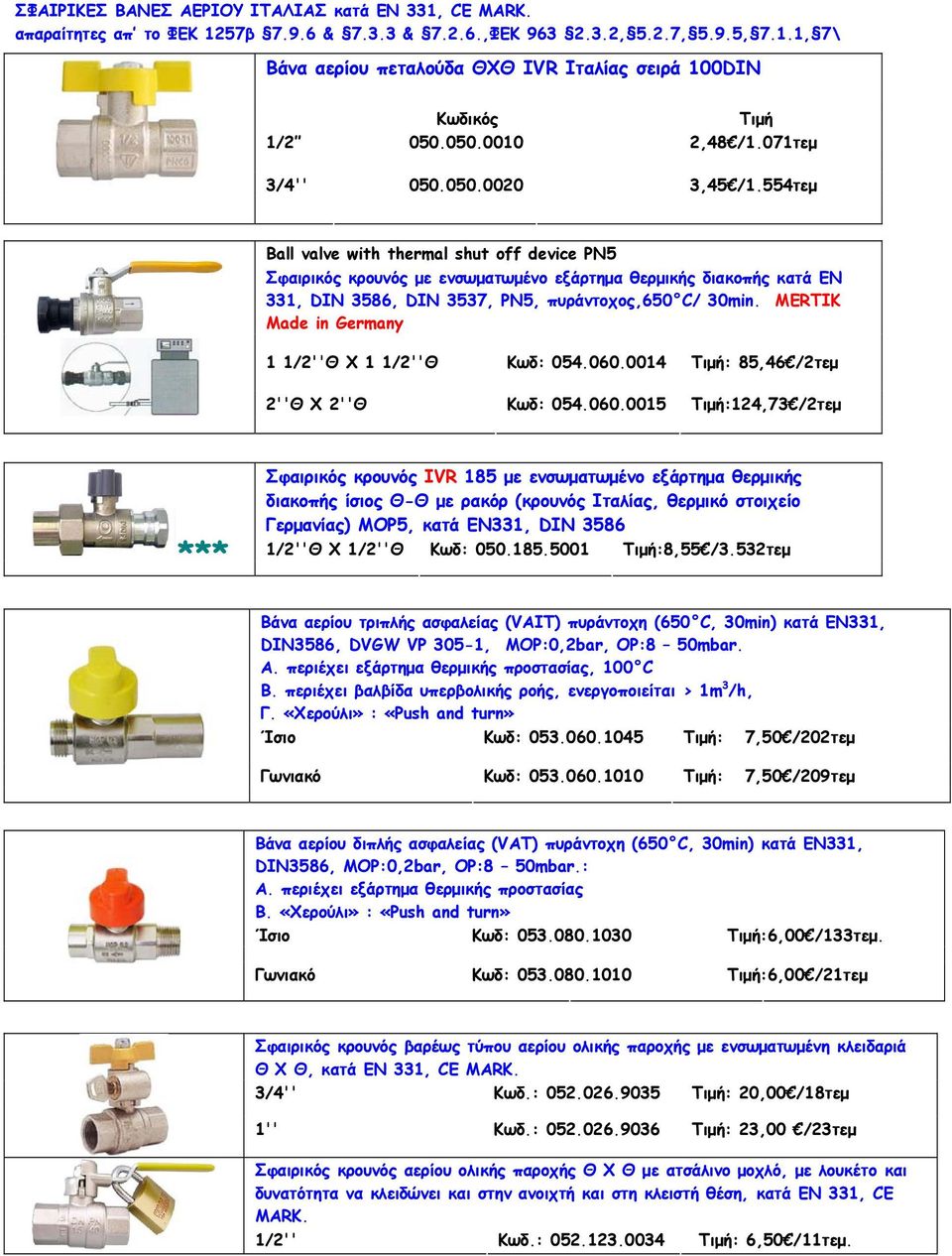 554τεμ Ball valve with thermal shut off device PN5 Σφαιρικός κρουνός με ενσωματωμένο εξάρτημα θερμικής διακοπής κατά EN 331, DIN 3586, DIN 3537, PN5, πυράντοχος,650 C/ 30min.