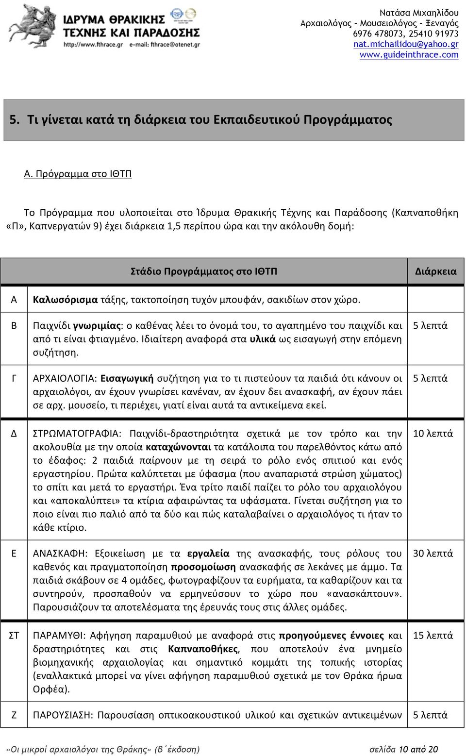 ΙΘΤΠ Διάρκεια Α Β Γ Δ Ε ΣΤ Καλωσόρισμα τάξης, τακτοποίηση τυχόν μπουφάν, σακιδίων στον χώρο. Παιχνίδι γνωριμίας: ο καθένας λέει το όνομά του, το αγαπημένο του παιχνίδι και από τι είναι φτιαγμένο.