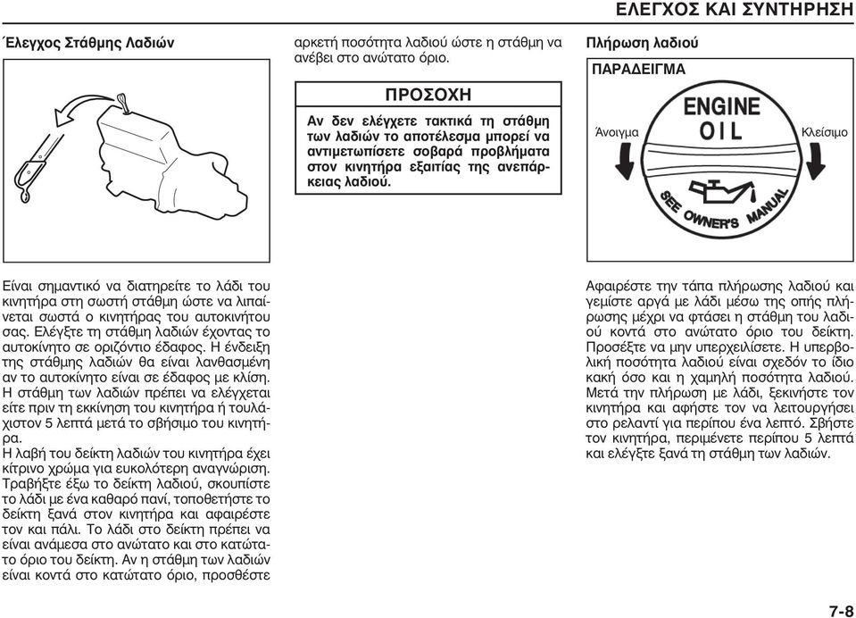 Πλήρωση λαδιού ΠΑΡΑ ΕΙΓΜΑ Άνοιγµα Κλείσιµο Είναι σηµαντικό να διατηρείτε το λάδι του κινητήρα στη σωστή στάθµη ώστε να λιπαίνεται σωστά ο κινητήρας του αυτοκινήτου σας.
