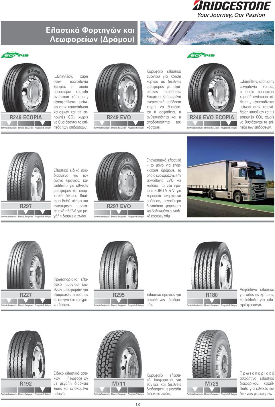 R249 EVO Διεθνείς διαδρομές Εθνικές διαδρομές Λεωφορεία & Πούλμαν Κορυφαίο ελαστικό τιμονιού για χρήση κυρίως σε διεθνείς μεταφορές με εξαιρετικές επιδόσεις.