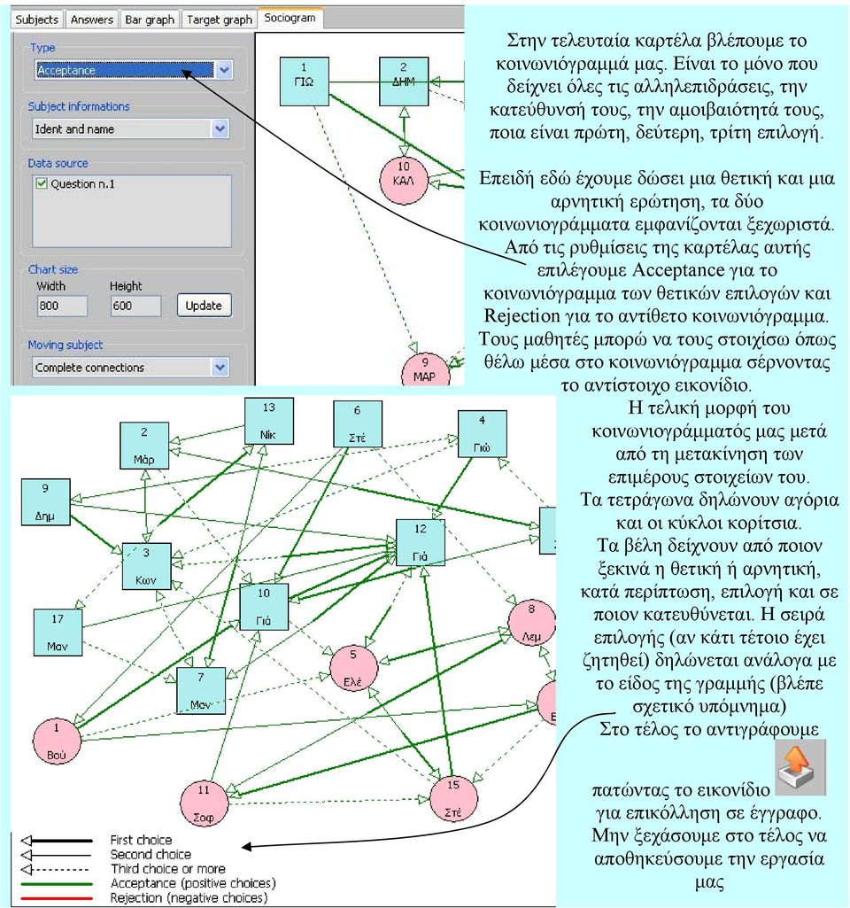 Από τις ρυθμίσεις της καρτέλας αυτής επιλέγουμε Acceptance για το κοινωνιόγραμμα των θετικών επιλογών και Rejection για το αντίθετο κοινωνιόγραμμα.