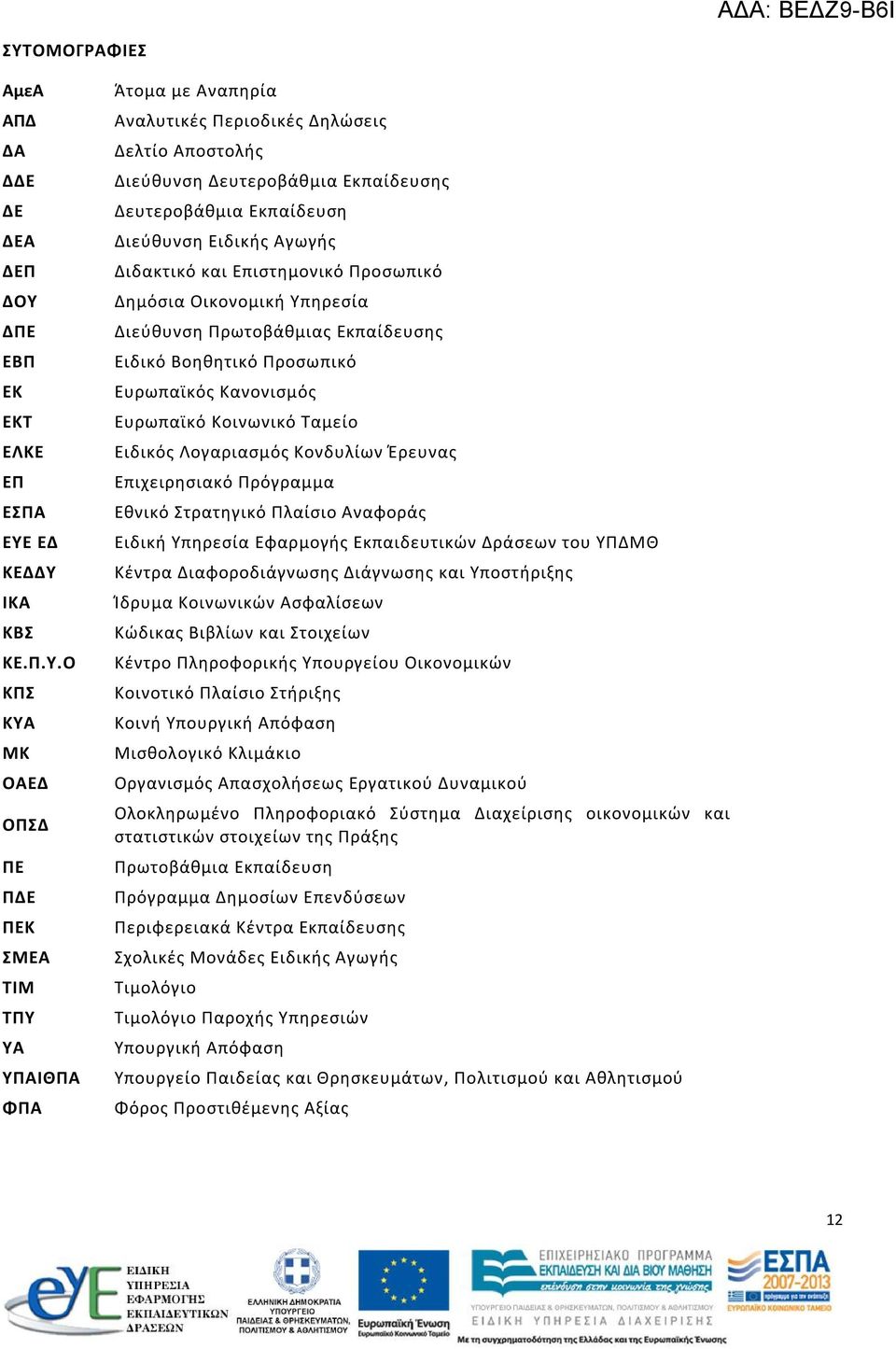 Πρωτοβάθμιας Εκπαίδευσης Ειδικό Βοηθητικό Προσωπικό Ευρωπαϊκός Κανονισμός Ευρωπαϊκό Κοινωνικό Ταμείο Ειδικός Λογαριασμός Κονδυλίων Έρευνας Επιχειρησιακό Πρόγραμμα Εθνικό Στρατηγικό Πλαίσιο Αναφοράς