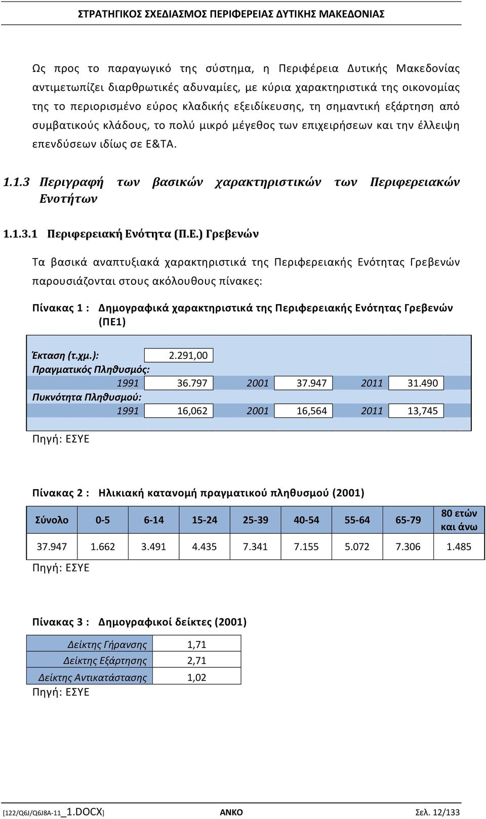 Ε.) Γρεβενών Τα βασικά αναπτυξιακά χαρακτηριστικά της Περιφερειακής Ενότητας Γρεβενών παρουσιάζονται στους ακόλουθους πίνακες: Πίνακας 1 : Δημογραφικά χαρακτηριστικά της Περιφερειακής Ενότητας