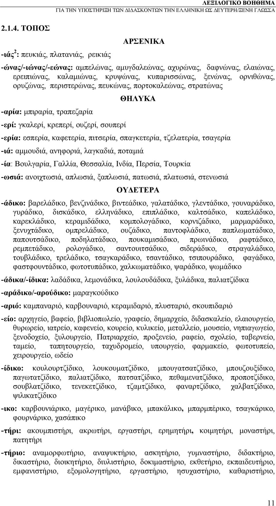 ορυζώνας, περιστερώνας, πευκώνας, πορτοκαλεώνας, στρατώνας -αρία: μπιραρία, τραπεζαρία -ερί: γκαλερί, κρεπερί, ουζερί, σουπερί ΘΗΛΥΚΑ -ερία: εσπερία, καφετερία, πιτσερία, σπαγκετερία, τζελατερία,