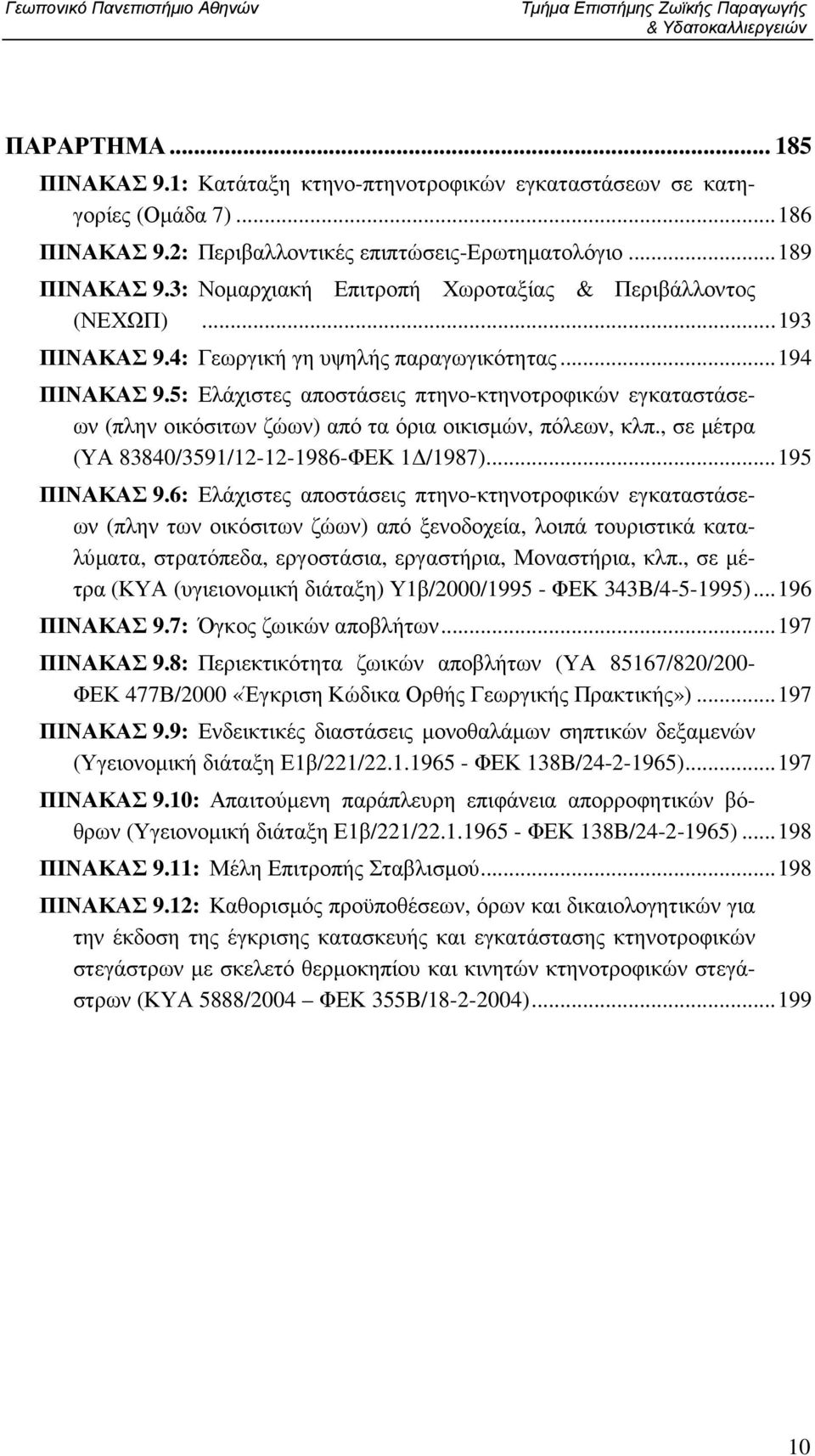 5: Ελάχιστες αποστάσεις πτηνο-κτηνοτροφικών εγκαταστάσεων (πλην οικόσιτων ζώων) από τα όρια οικισµών, πόλεων, κλπ., σε µέτρα (ΥΑ 83840/3591/12-12-1986-ΦΕΚ 1 /1987)...195 ΠΙΝΑΚΑΣ 9.