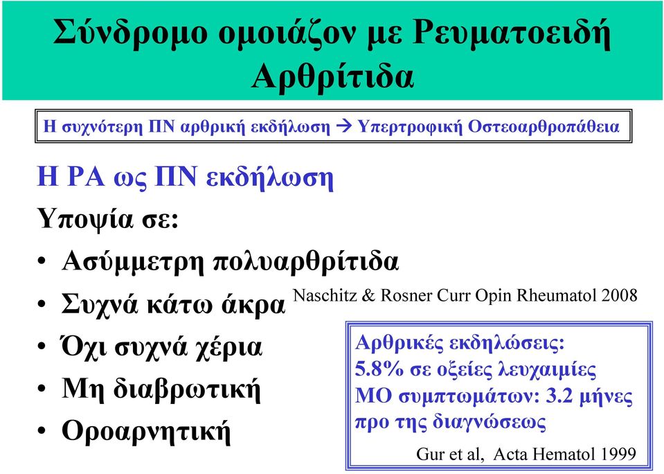 συχνά χέρια Μη διαβρωτική Οροαρνητική Naschitz & Rosner Curr Opin Rheumatol 2008 Αρθρικές