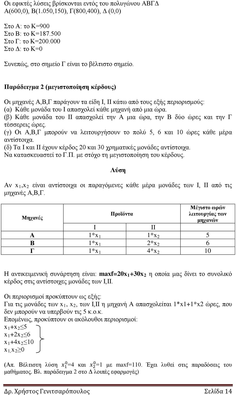 Παράδειγμα 2 (μεγιστοποίηση κέρδους) Οι μηχανές Α,Β,Γ παράγουν τα είδη Ι, ΙΙ κάτω από τους εξής περιορισμούς: (α) Κάθε μονάδα του Ι απασχολεί κάθε μηχανή από μια ώρα.