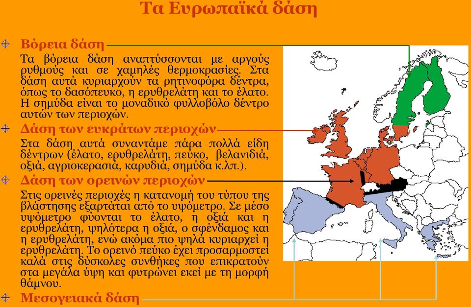 Δάση των ευκράτων περιοχών Στα δάση αυτά συναντάμε πάρα πολλά είδη δέντρων (έλατο, ερυθρελάτη, πεύκο, βελανιδιά, οξιά, αγριοκερασιά, καρυδιά, σημύδα κ.λπ.).