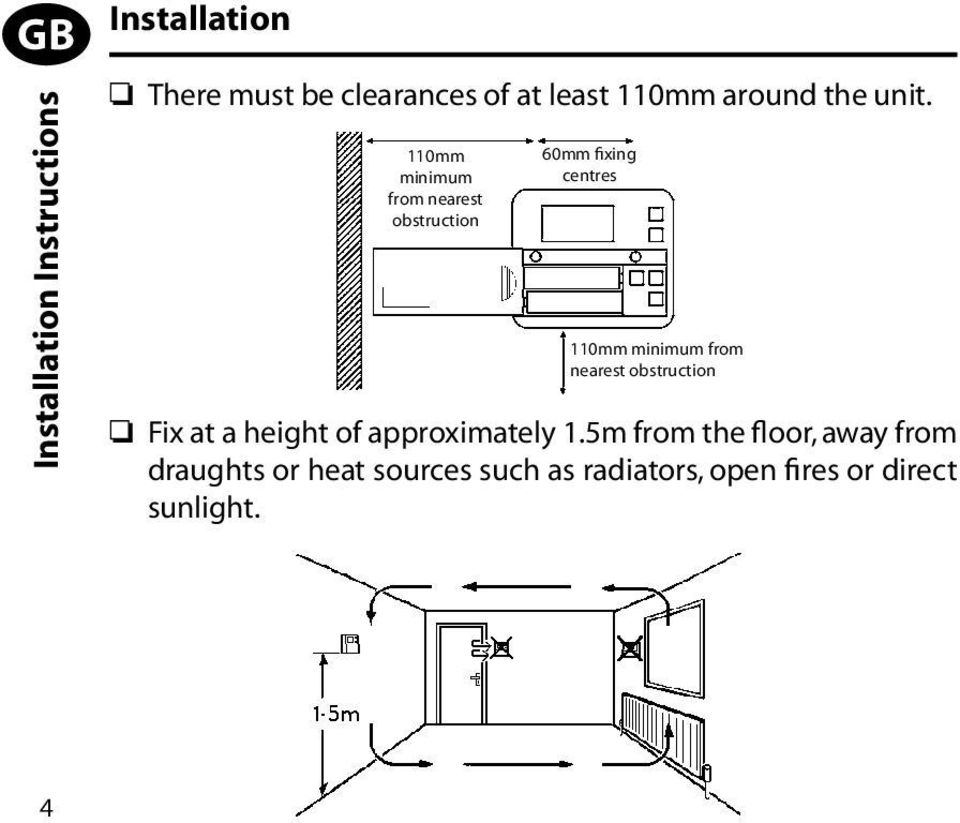 110mm minimum from nearest obstruction 60mm fixing centres 110mm minimum from nearest