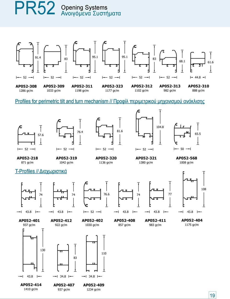 8 AP052-308 1286 gr/m AP052-309 1033 gr/m AP052-311 1198 gr/m AP052-323 1177 gr/m AP052-312 1102 gr/m AP052-313 982 gr/m AP052-310 888 gr/m Profiles for perimetric tilt and turn mechanism // Προφίλ