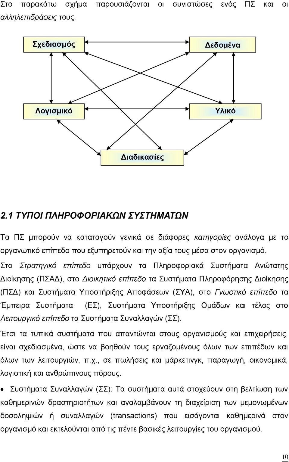 Στο Στρατηγικό επίπεδο υπάρχουν τα Πληροφοριακά Συστήματα Ανώτατης Διοίκησης (ΠΣΑΔ), στο Διοικητικό επίπεδο τα Συστήματα Πληροφόρησης Διοίκησης (ΠΣΔ) και Συστήματα Υποστήριξης Αποφάσεων (ΣΥΑ), στο