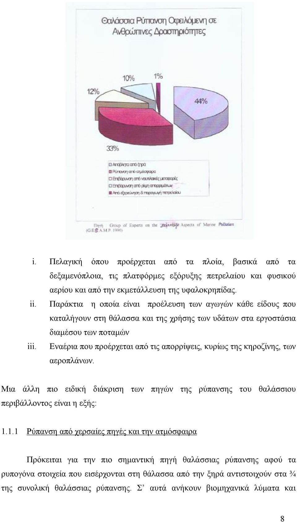 Εναέρια που προέρχεται από τις απορρίψεις, κυρίως της κηροζίνης, των αεροπλάνων. Μια άλλη πιο ειδική διάκριση των πηγών της ρύπανσης του θαλάσσιου περιβάλλοντος είναι η εξής: 1.