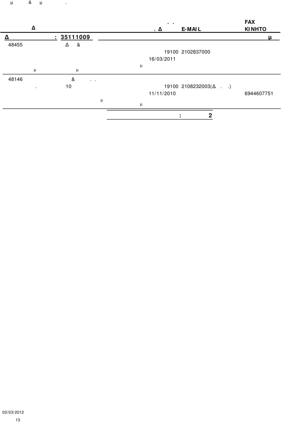 ρεύµατος 48146 ΛΟΥΙΖΑ ΚΑΚΑΓΗ & ΣΙΑ Ο.Ε. Θ. ΠΑΓΚΑΛΟΥ 10 19100 2108232003( ΙΚ.ΓΡ.