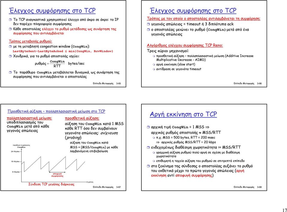 µεταβάλλεται δυναµικά, ως συνάρτηση της που αντιλαµβάνεται ο αποστολέας Επίπεδο Μεταφοράς 3-65 Έλεγχος στο TCP Τρόπος µε τον οποίο ο αποστολέας αντιλαµβάνεται τη συµφόρηση: γεγονός απώλειας = timeout