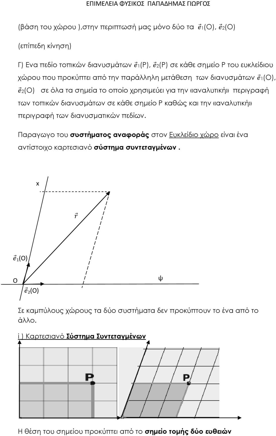 καώς και την «αναλυτική» περιγραφή των διανυσματικών πεδίων. Παραγωγο του συστήματος αναφοράς στον Ευκλείδιο χώρο είναι ένα αντίστοιχο καρτεσιανό σύστημα συντεταγμένων.